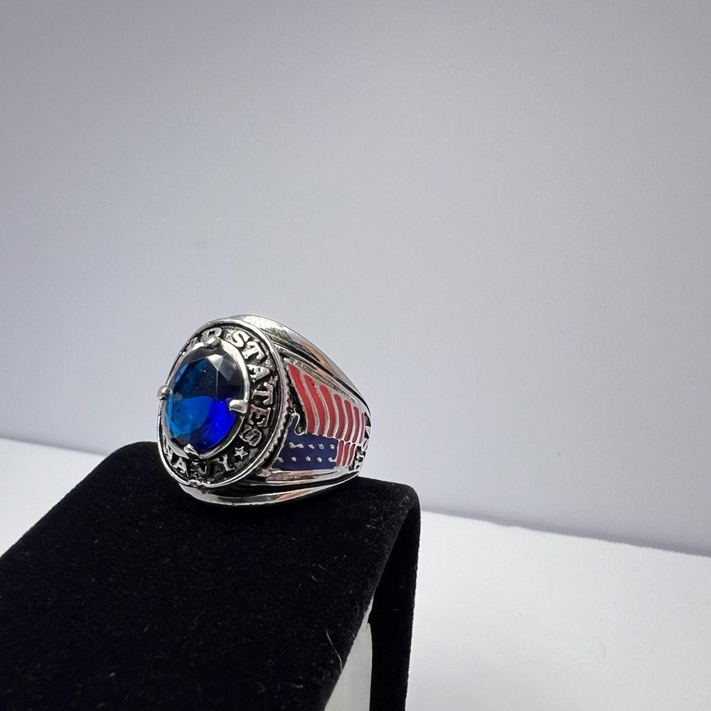 US Navy Ring Mens Size 10 Silver Tone Blue Stone Military American Patriotic